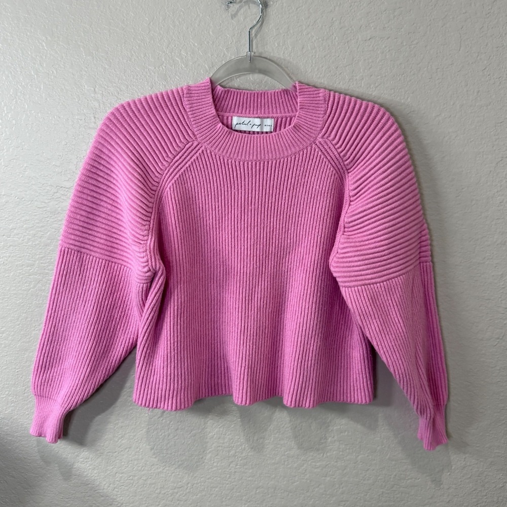 Petal + Pup Ribbed Knit Cropped Sweater Balloon Sleeve Pink Size S Preppy Barbie